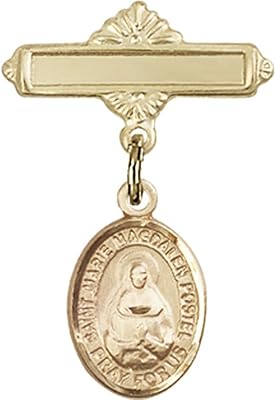 14kt Yellow Gold Baby Badge with Marie Magdalen Postel Charm and Polished Badge Pin 1 X 5/8 inches