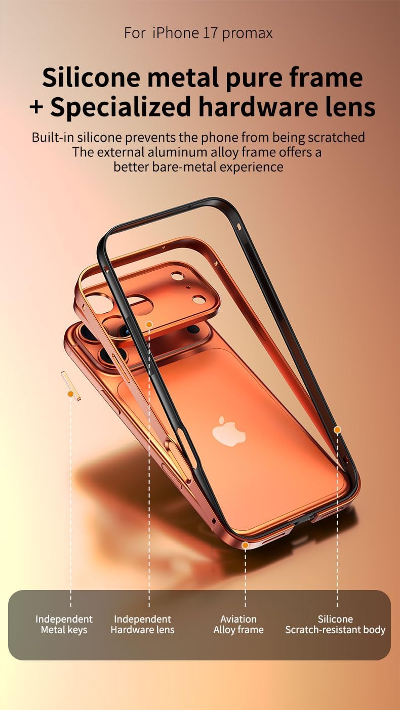 Aluminum Frame Case for iPhone 17, Metal Camera Lens Protect Built-in Silicone Shockproof Bumper, Sierra Blue