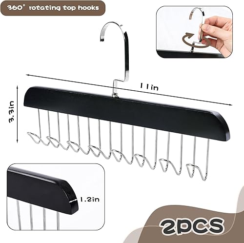 Miniatura 2 de BigOtters 2 ganchos para cinturón para armario, accesorios de madera para colgar en el armario, con 8 ganchos para corbatas de cinturón de armario,