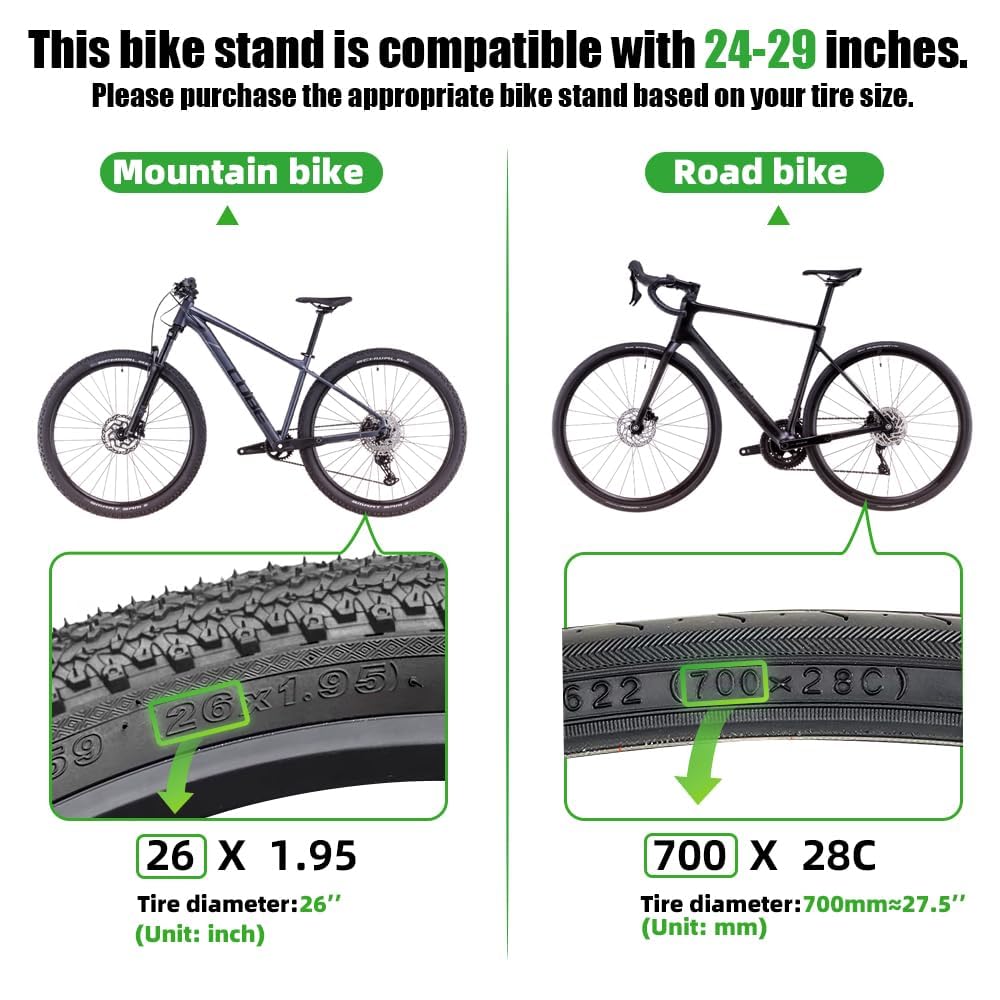 RBRL Stojak na rowery ze stopu aluminium, uniwersalny stojak na rowery o przekątnej 26-29", stabilny stojak na rowery górskie/wyścigowe/MTB, regulacja wysokości z antypoślizgową gumową nóżką