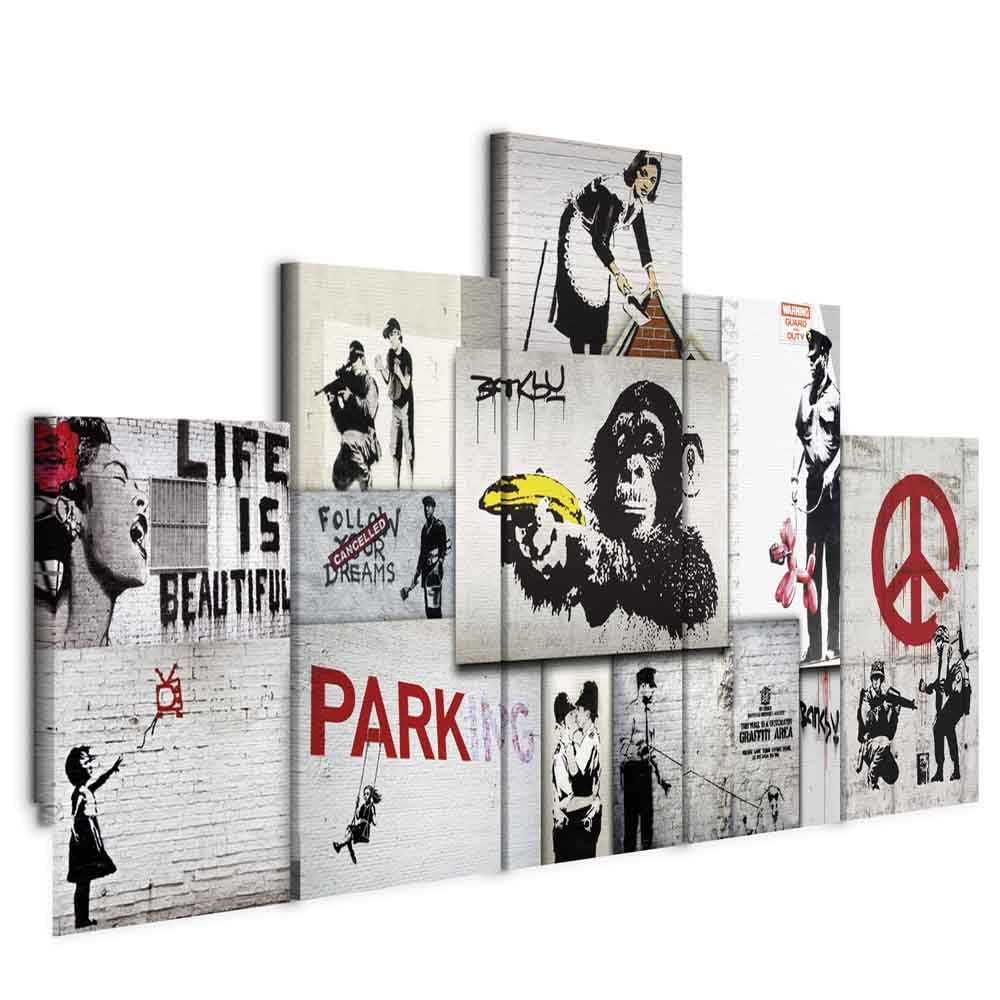 Cuadros B&D XXL - Cuadro en Lienzo Banksy 200x100 cm 5 piezas - Impresión en material tejido no tejido cuadros decoracion salon modernos lienzos - street art Abstracto f-C-0138-b-m Collage