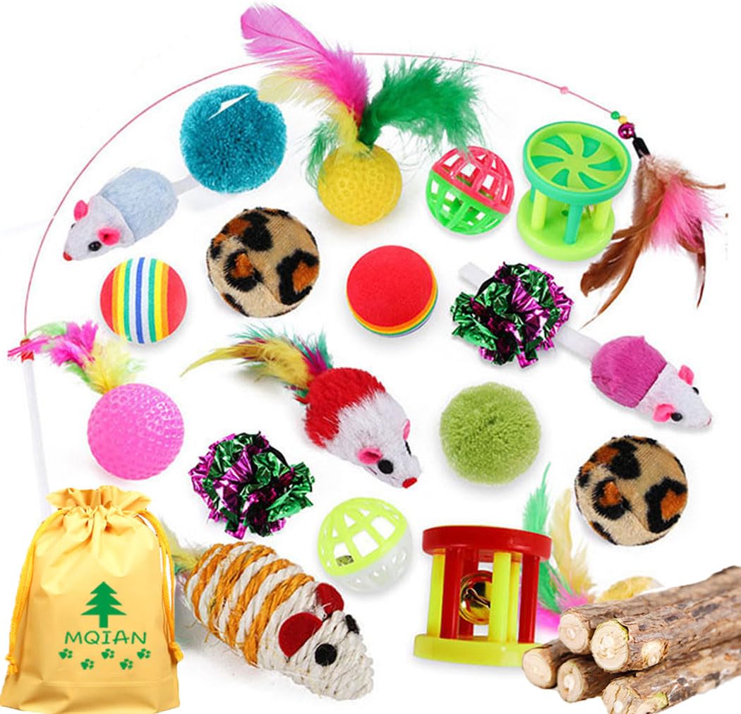 MQIAN 25pcs Juguetes para Gatos, Juguetes Gatitos, Juguetes para Paquete de Variedad para Gatitos, Juguetes Gatos Interactivo Ratón, Juguetes de Plumas, Pelotas
