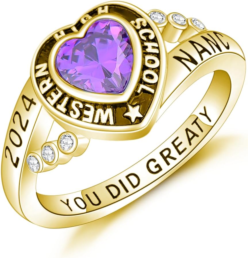 Custom High School 2025 Class Rings Solid 10k 14k 18k Gold Heart Birthstone Personalized 2026 College Graduation Ring for Women Men