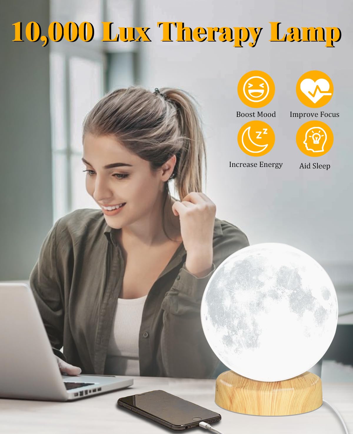 NDAN Lámpara de terapia de luz, lámpara de luz solar de 10000 lux con control remoto, 3 temperaturas de color y 4 niveles de brillo y temporizador, lámpara de luz diurna para el hogar, oficina,