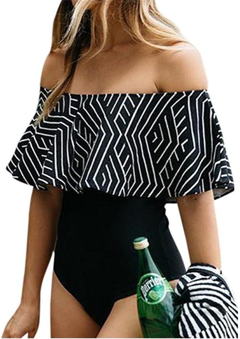 OZOWO Women Sexy Ruffle Off-The-Shoulder One-Piece Swimsuit Hollow Out Bikini