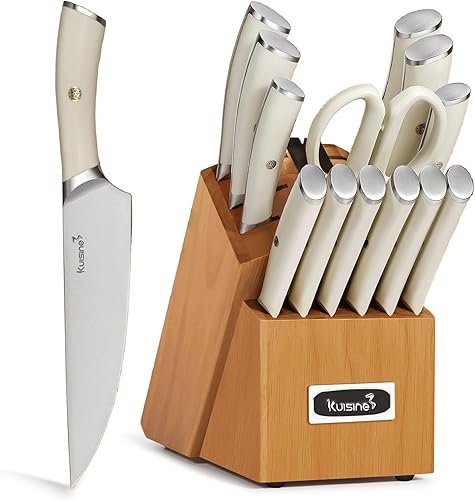 KUISINE Juego de cuchillos afilados, mango ergonómico de acero inoxidable de alto carbono, juego de bloques de cuchillos con afilador integrado