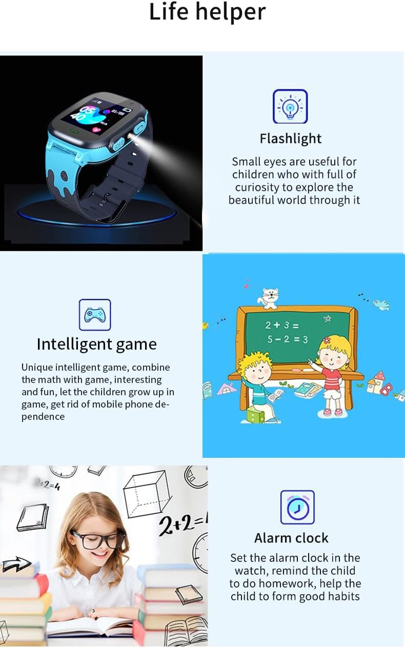 Icons representing flashlight, intelligent game, and alarm clock features of the smart watch.