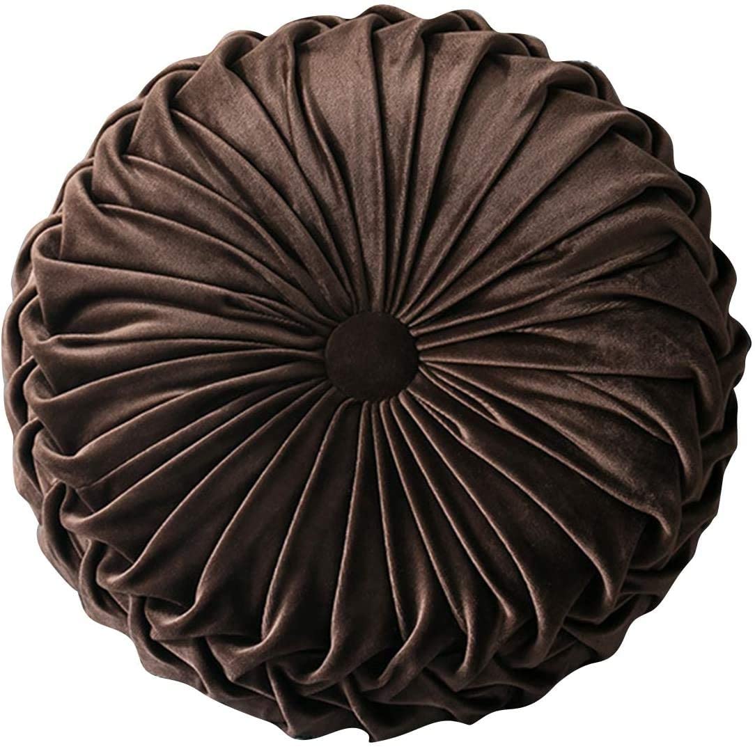 SHANGMAOYO Round Velvet Throw Pillow, Handcrafted Pumpkin Pleated Throw Pillow, Round Velvet Filled Chair Cushion for Home Sofa Chair Bed Car Decor (brown)