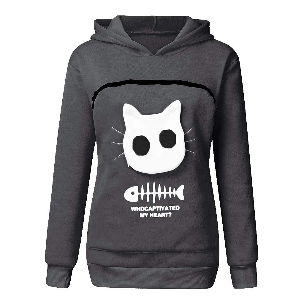 Womens Pet Carrier Hoodies Casual Plus Size Cat Pouch Pullover Sweatshirt with Large Kangaroo Pocket Women's Breathable Fish Bone Print Long Sleeve Hooded Tops Blouse for Small Animals