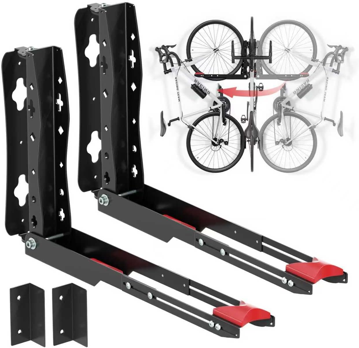 Urban Deco Swivel Bike Wall Mount,Adjustable Bike Hanger,Space Saving Bike Rack Garage,Easy to Load and Unload Bike Rack Wall Mount Can Hold Up to 77 lbs (Black+red 2PK)