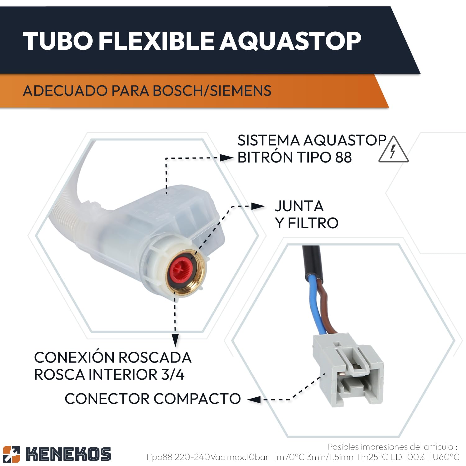 Kenekos - Manguera Aquastop de 1,68 m compatible con lavavajillas Bosch Siemens iQ300 iQ500 iQ700 SuperSilence, tipo BITRON tipo 88 3/4 pulgadas, alternativa para 00668113/668113