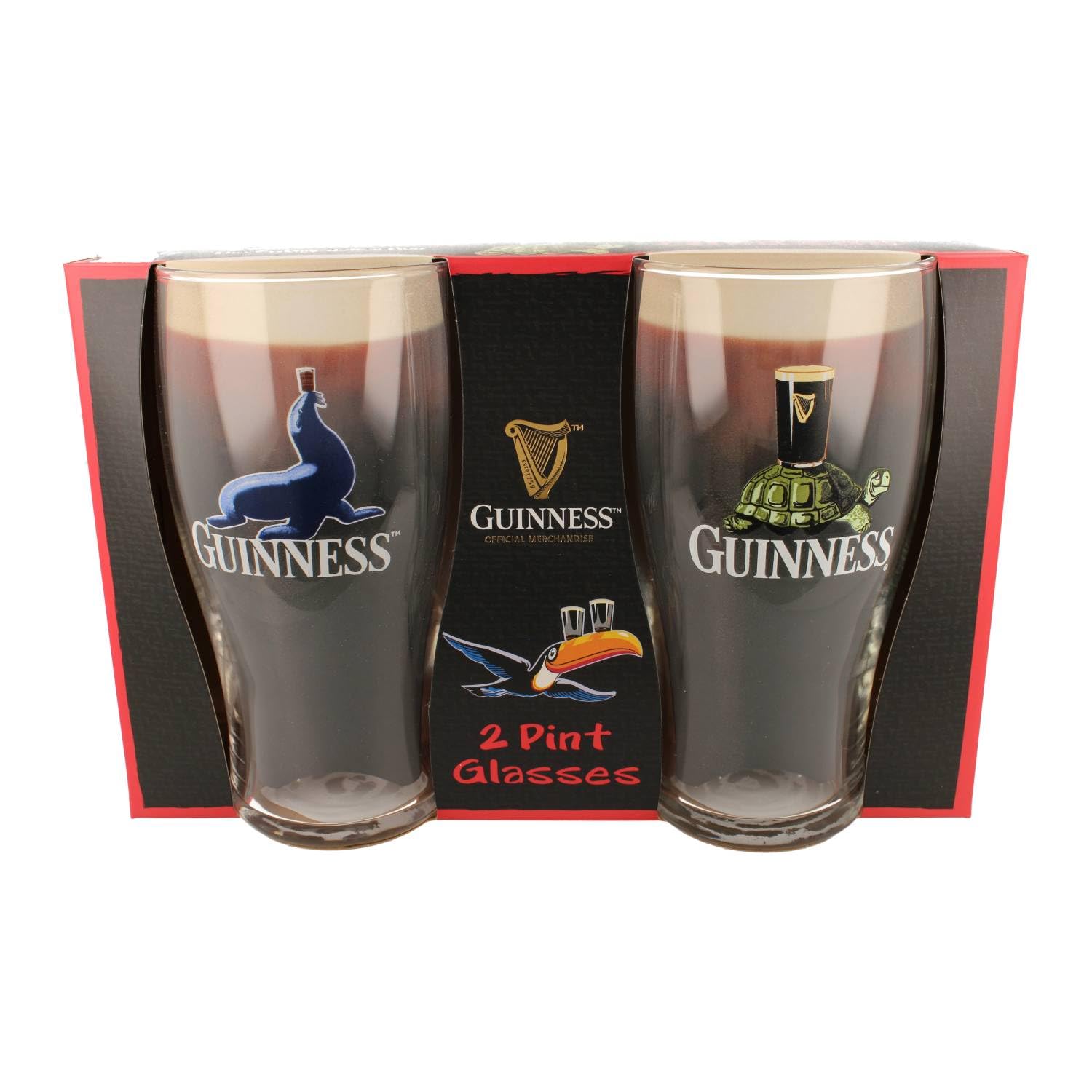 Guinness Official Pint Glass Gift Set – Seal & Tortoise Designs – Set of 2 Pint Glasses Beer Glasses