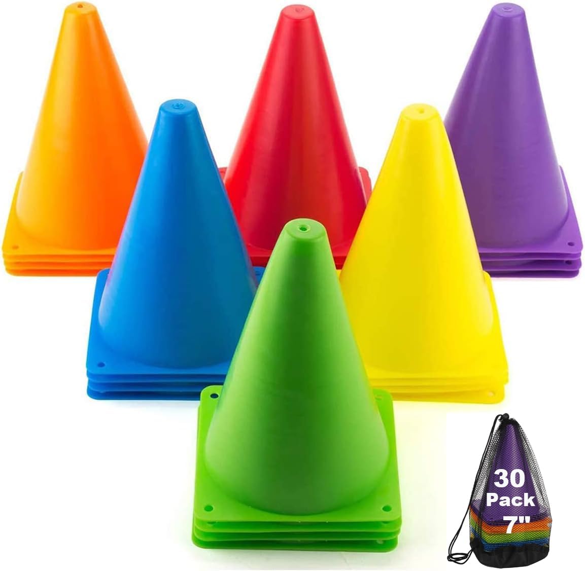 30 Pack Sports Training Cones, Plastic Marker Training Traffic Cones with Mesh Bag, for Skate, Soccer, Football, Outdoor Games, Physical Education and Festive Events, Assorted Colors, 7 Inch