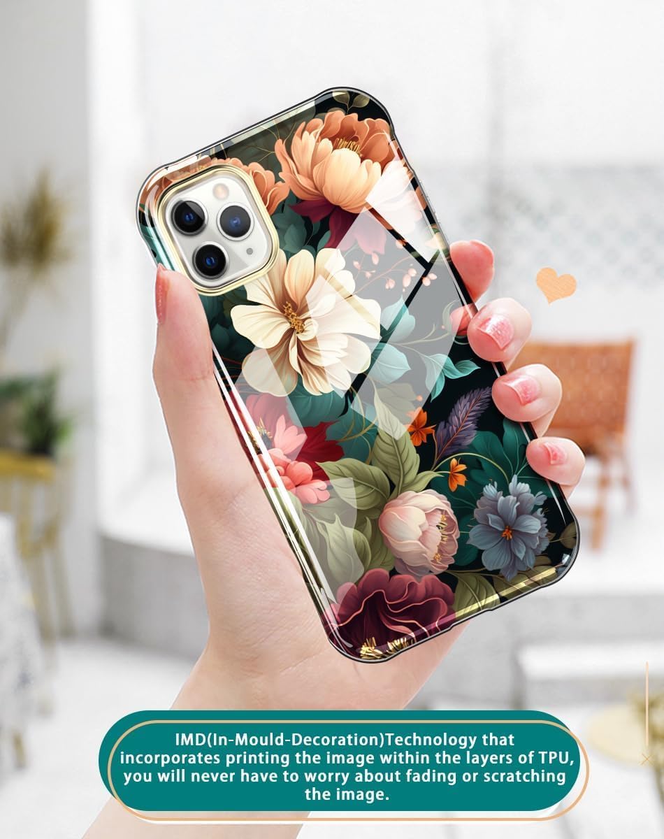 Cute Flower Case for iPhone 12/12 Pro 6.1 inch Built with Screen Protector, Lightweight and Stylish Full Body Shockproof Protective Rugged TPU Case for Women/Girls-Black Flower - Image 4
