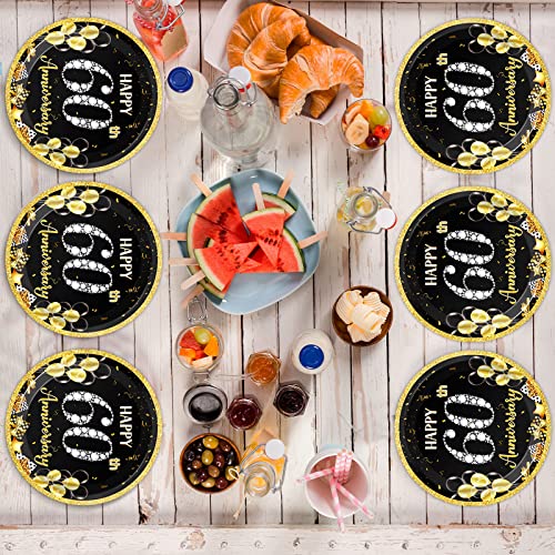 Image of Qyeahkj 48pcs 60th Anniversary Party Plates 60th Wedding Anniversary Disposable Paper Dessert Plates Supplies for Black and Gold Dessert Plates Tableware Decorations