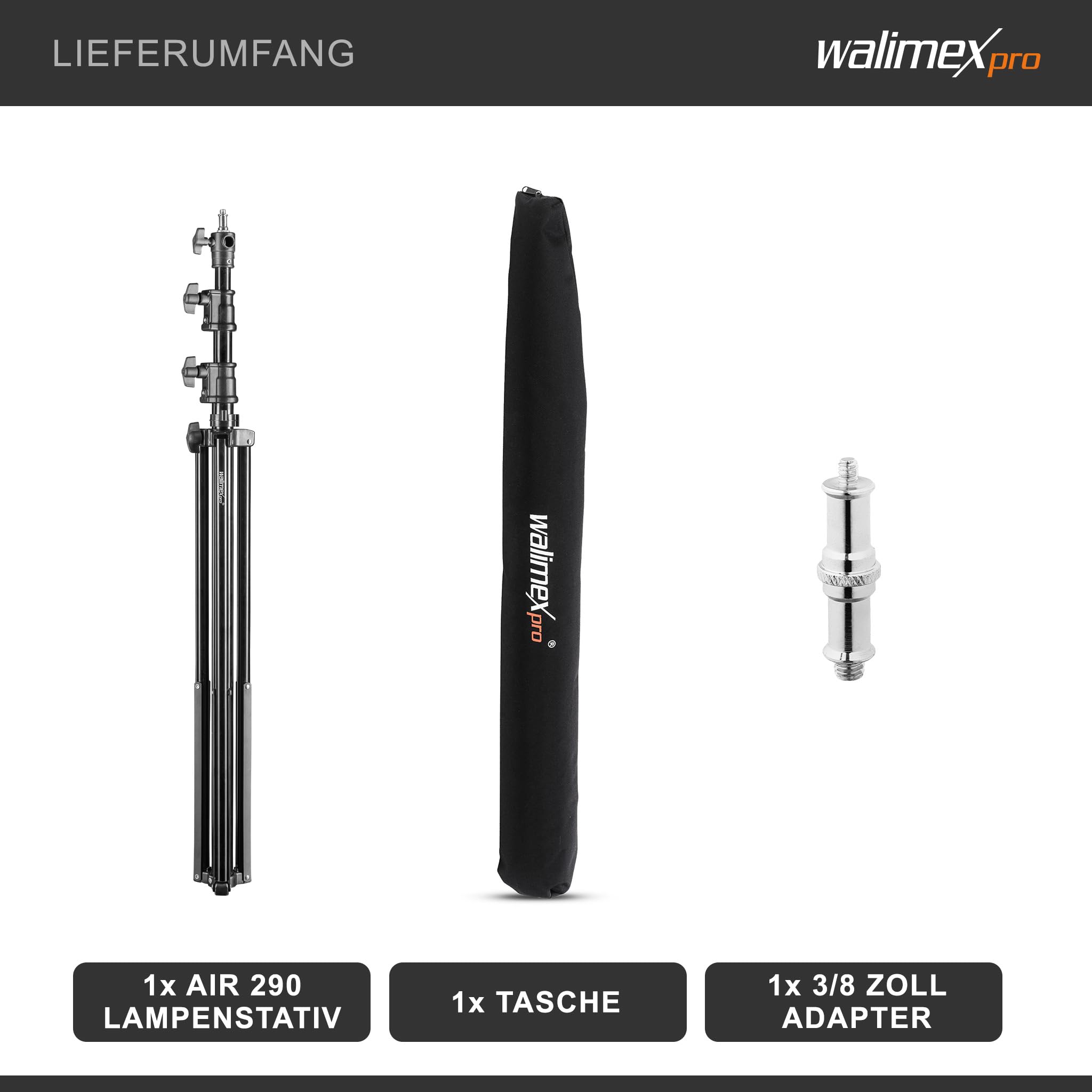 Walimex pro AIR 290 Deluxe Lampenstativ max. Höhe 290 cm, Lichtstativ mit Luftfederung, Blitzstativ mit 7 kg Traglast, Leuchtenstativ aus Aluminium, Dreibeinstativ für Fotostudio und Outdoor