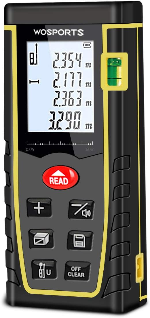 WOSPORTS Laser Measure, 196ft Laser Distance Meter with Bubble Level, 6 Units Transfer Room Measure Distance, Area, Volume and Pythagorean, Battery Included