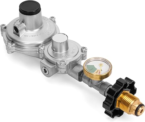 only fire Regulador horizontal de propano de dos etapas con conexión POL y medidor de tanque, ajuste NPT hembra de 38 pulgadas, funciona para