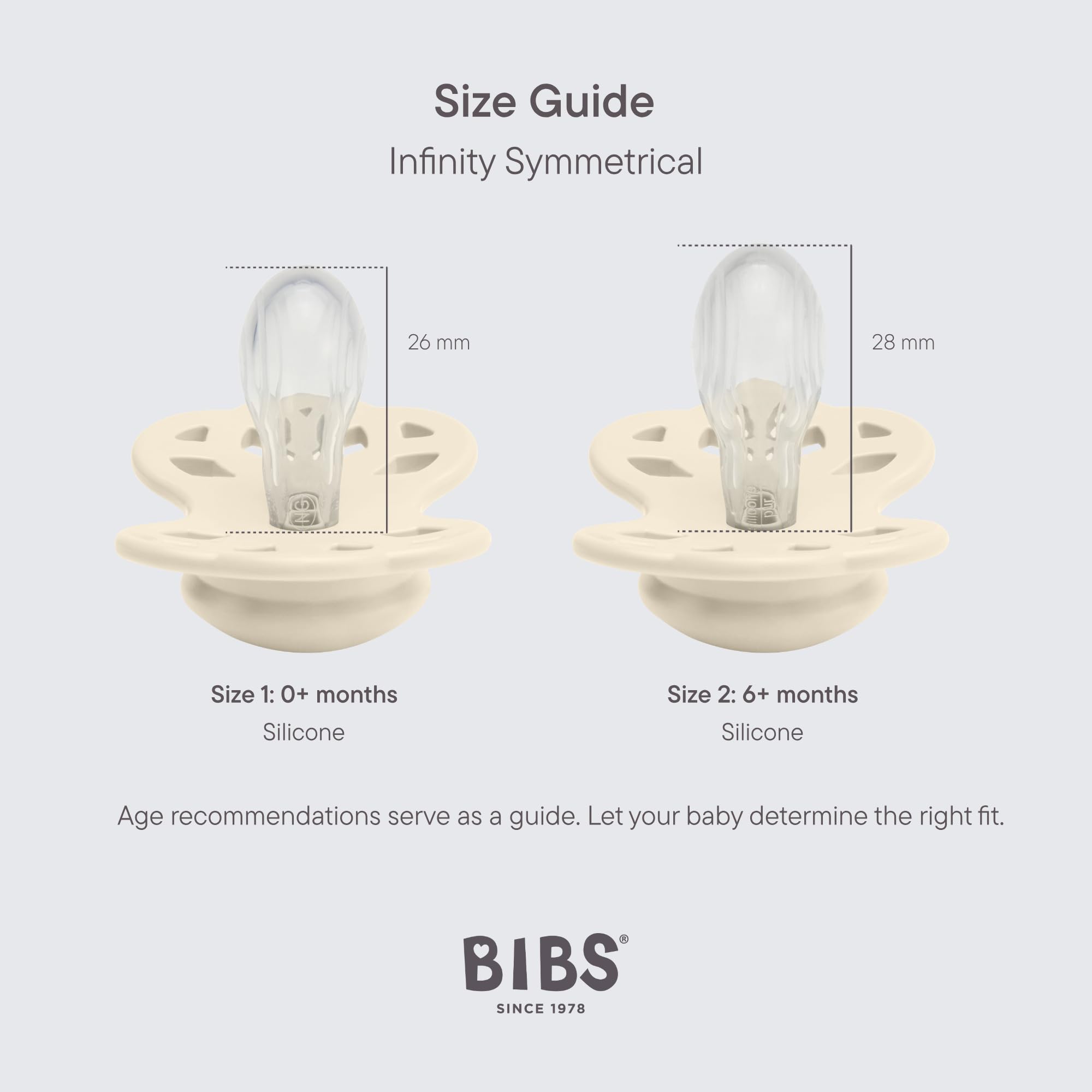 Ciucciotto Infinity simmetrico BIBS, confezione da 2, senza BPA. Fluorescente, Tettarella simmetrica. Silicone, Prodotto in Danimarca, Taglia 2 (6-18 mesi), Vanilla Glow/Blush Glow
