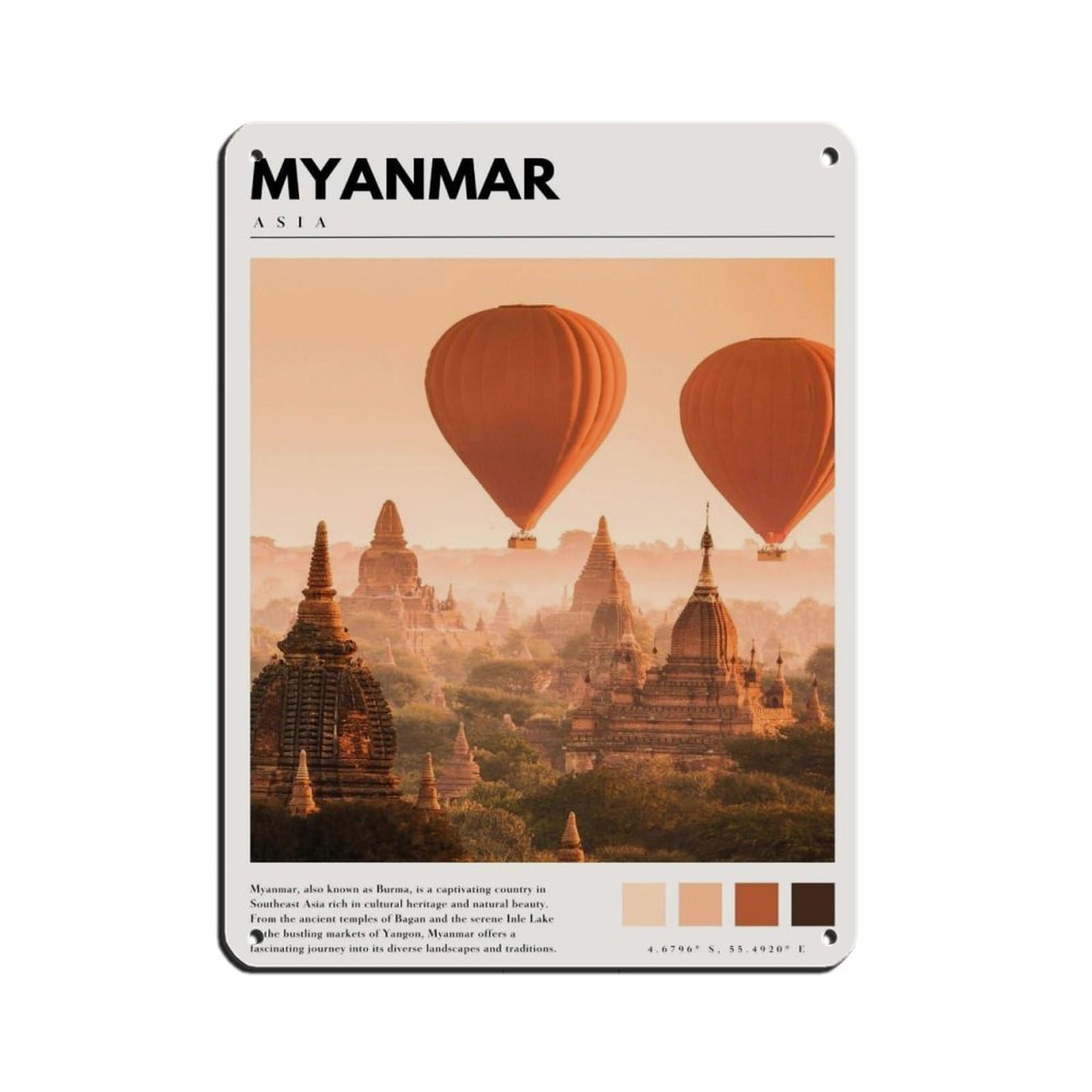 Lxwnze 30L X 40W Cm Myanmar Burma Poster Myanmar Yangon Bagan Tin Sign Vintage Metal Pub Club Cafe Bar Home Wall Art Decoration Poster Retro 12X16inch(30X40cm)