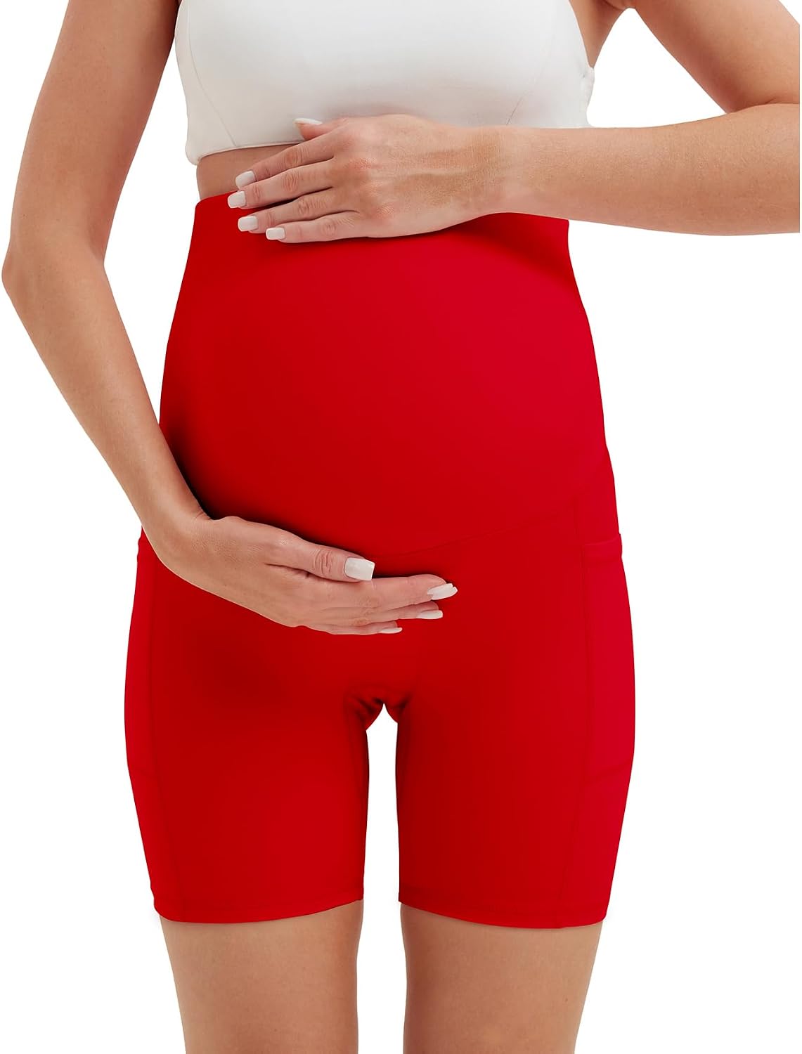 Women's 5" Maternity Yoga Shorts Over The Belly Pregnancy Workout Biker Under Dress Shorts with Pockets