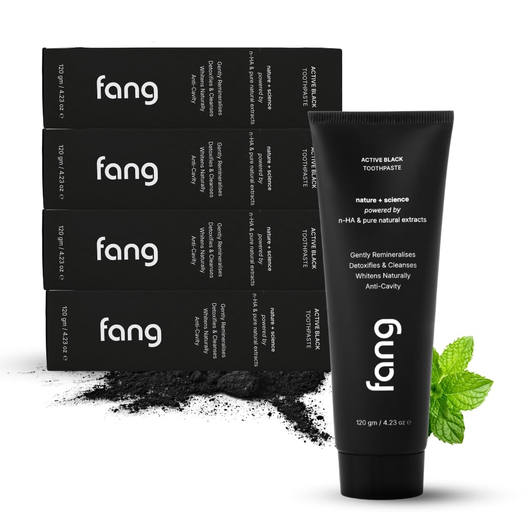 Fang Natural Toothpaste|Teeth Whitening|Heals Sensitive Teeth|Fights Cavities, Gum Diseases & Bad Breath|SLS & Chemical Free |Organic, Vegan (Pack of 4, Activated Charcoal)