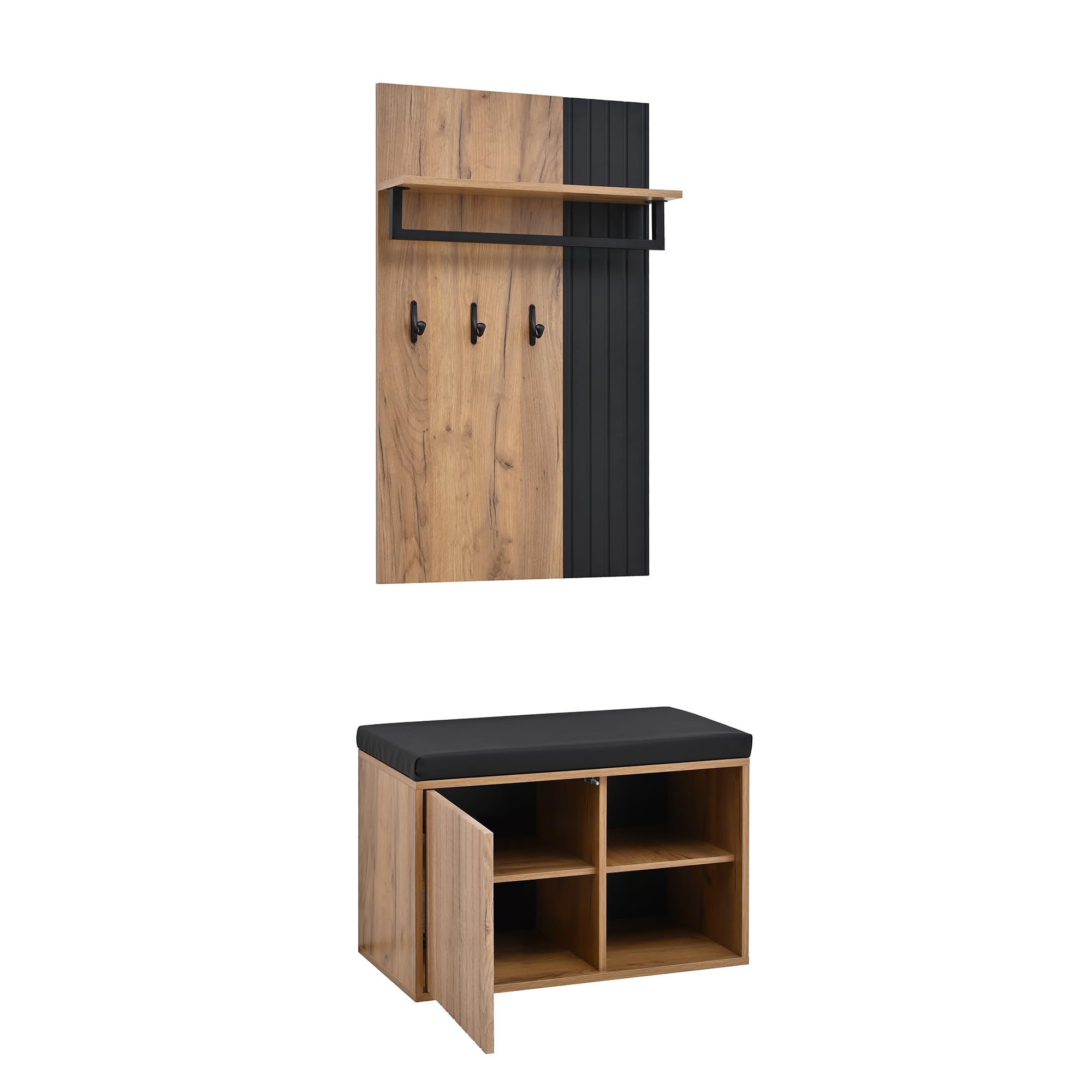 Merax Garderobenset mit Schuhbank, Schuhschrank mit 2 Türen, Flurmöbel mit Rückwand mit 3 Haken, Schwarz & Naturfarben, 70x36x146 cm