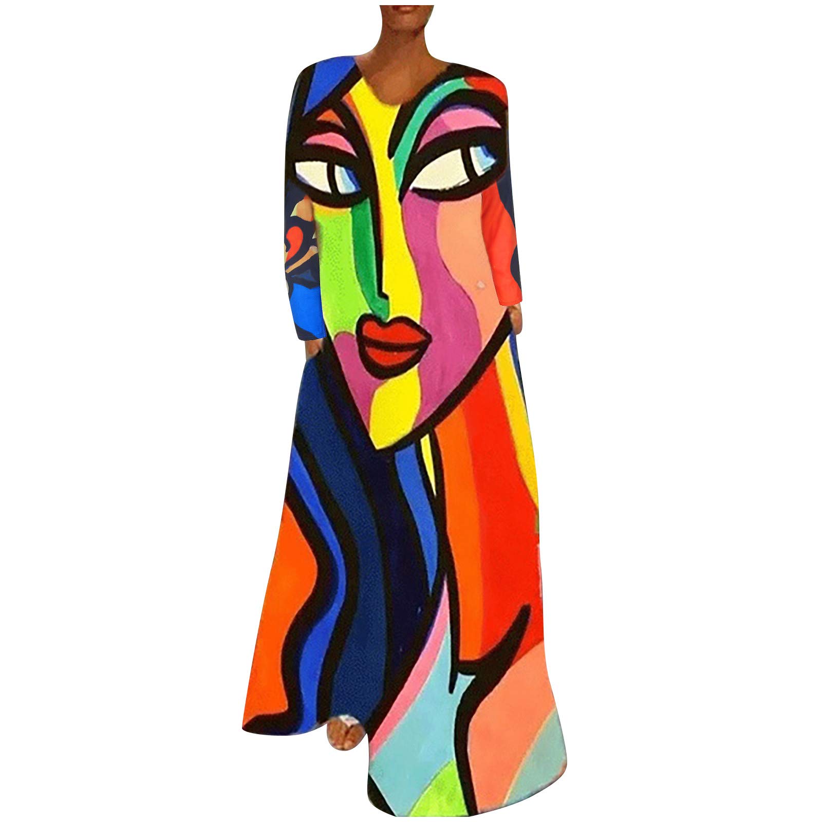 Womens Long Sleeve Loose Maxi Dresses Vintage Round Neck Funny Graphic Patterned Casual Long Dresses with Pockets（A0001-Orange,3X-Large）