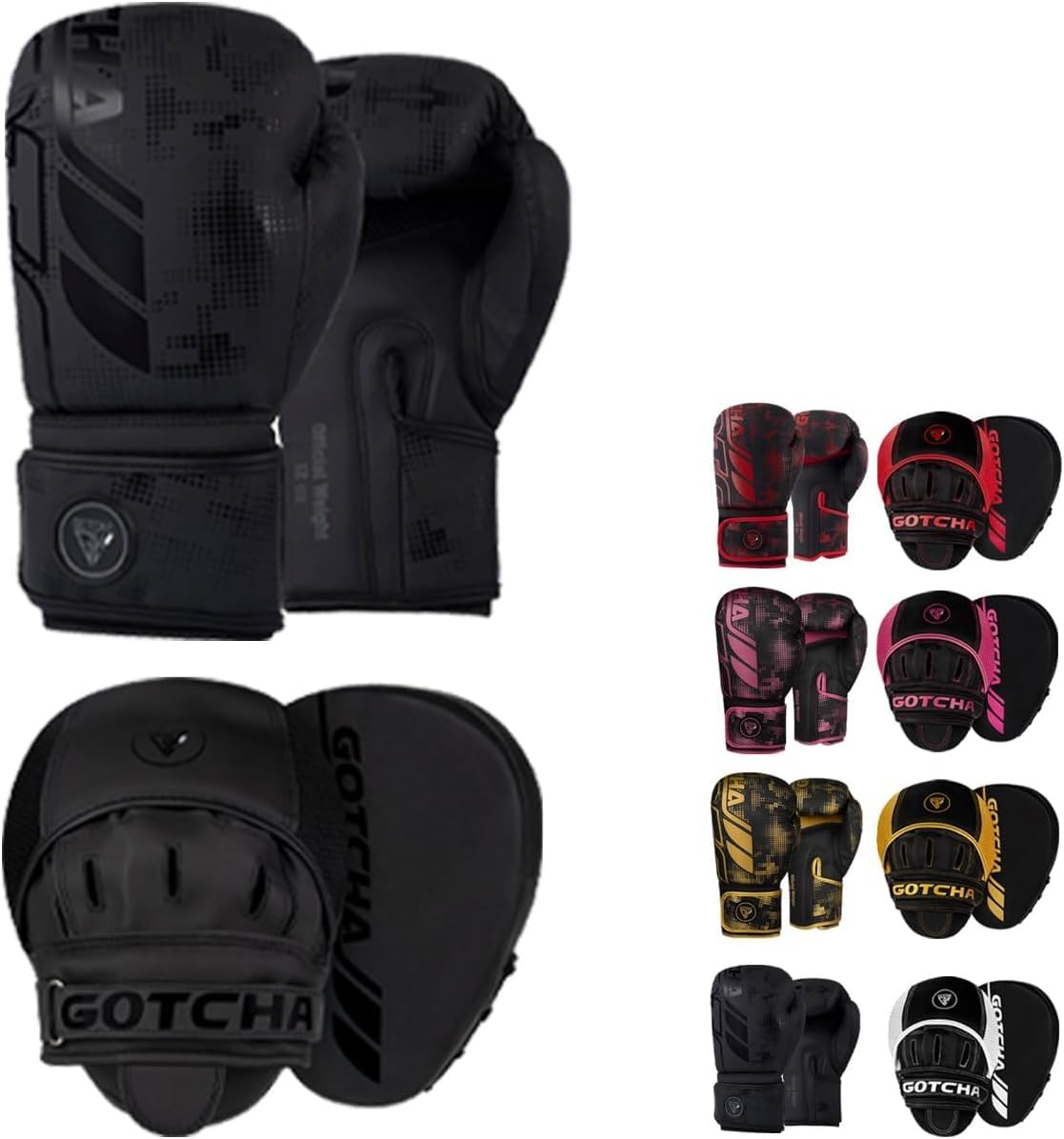 GotchaKart Boxing Gloves and Pads Set – Adults Men Women Kickboxing MMA Muay Thai Punching Gloves with Curved Focus Pads | Training Sparring Martial Arts Fitness (Black, 14oz)