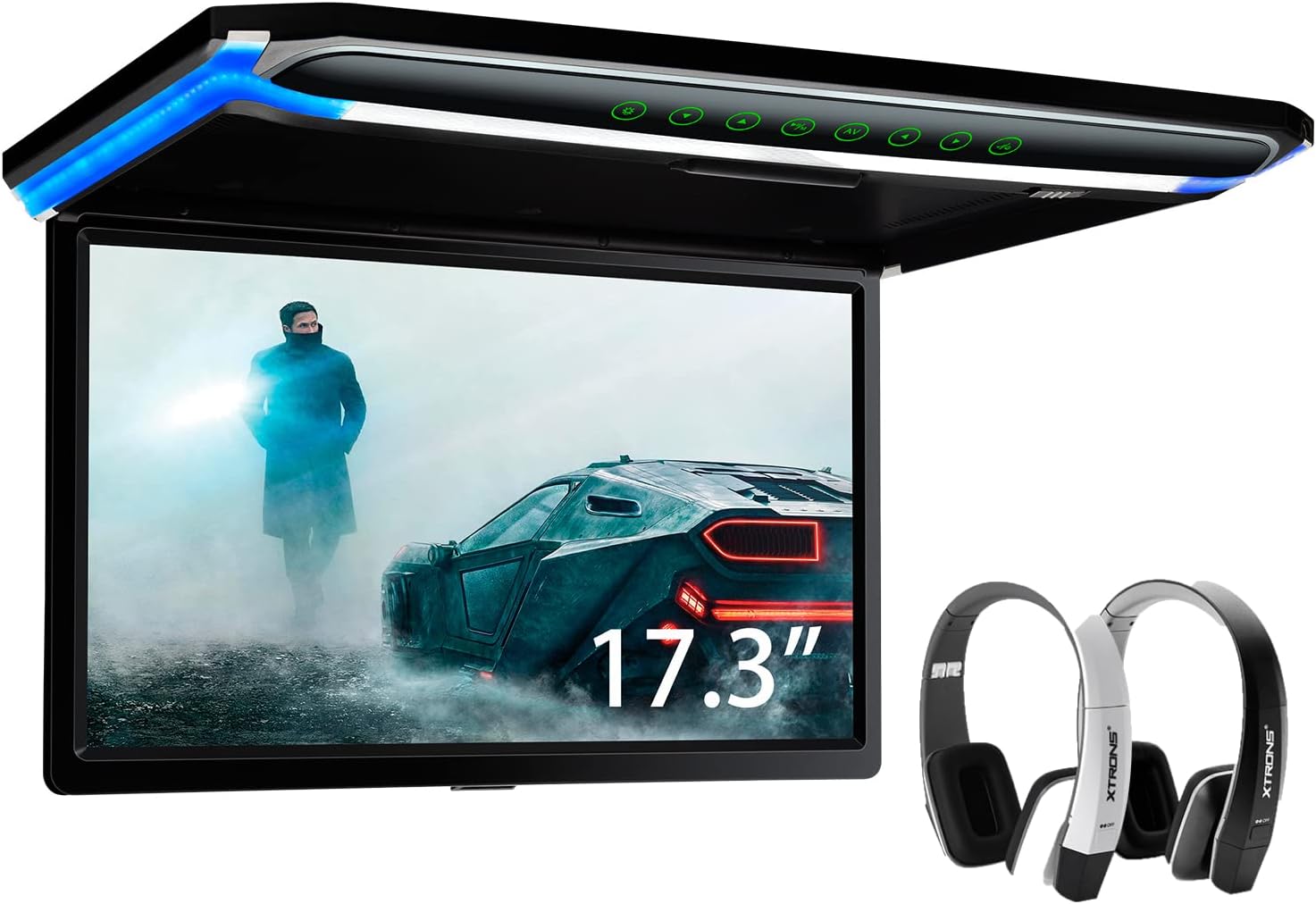 XTRONS® 17.3 Inch 16:9 Ultra-thin FHD Digital TFT Screen 1080P Video Car Overhead Player Roof Mounted Monitor HDMI Port 1920*1080 Full High Definition New Version IR Headphones(Black&White)