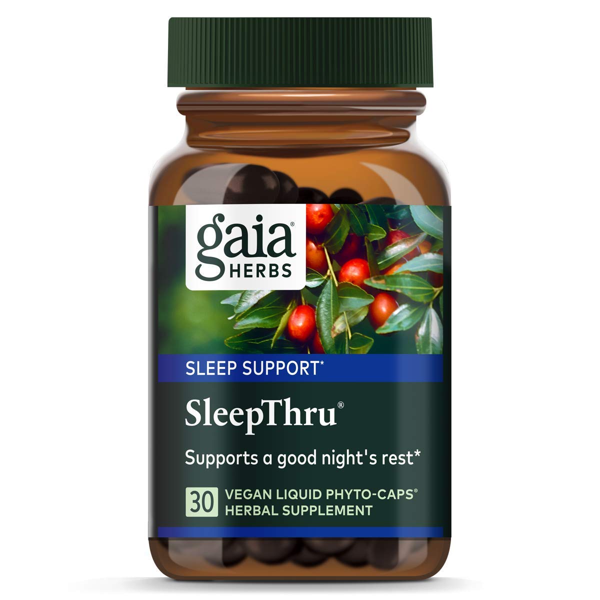 Gaia Herbs, SleepThru, Sleep Support, Non Habit Forming Herbal Sleep Aid, Passionflower, Ashwagandha, Jujube, Organic, Melatonin Free, Vegan Liquid Capsules, 30 Count