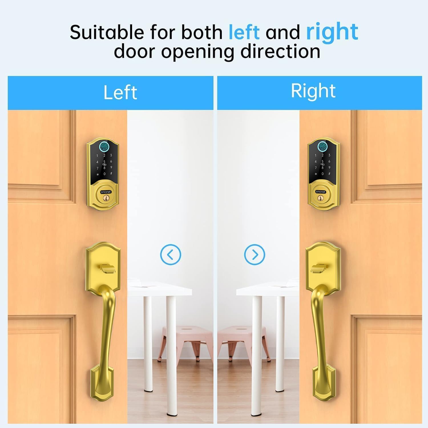 SMONET Cerradura inteligente para puerta delantera con asa, juego de cerradura de puerta de entrada sin llave, cerrojo inteligente de huellas dactilares con aplicación Bluetooth, teclado electrónico