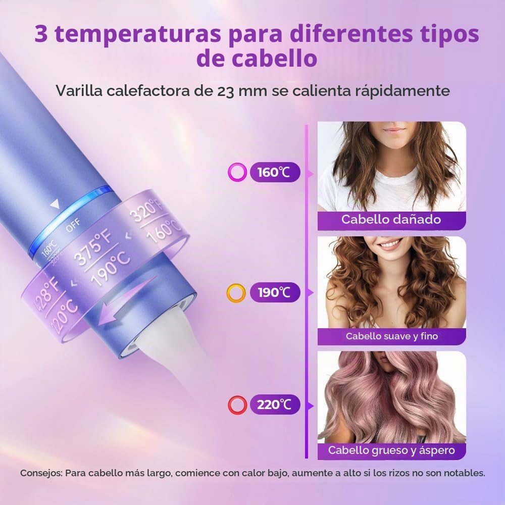 Rizador Pelo Ondas, Tenacillas Pelo 23mm de Iones Negativos, Tenacillas para Rizar el Pelo 3 Temperatura, Diseño Anti-escaldado, Rizador de Pelo Automatico Inteligente
