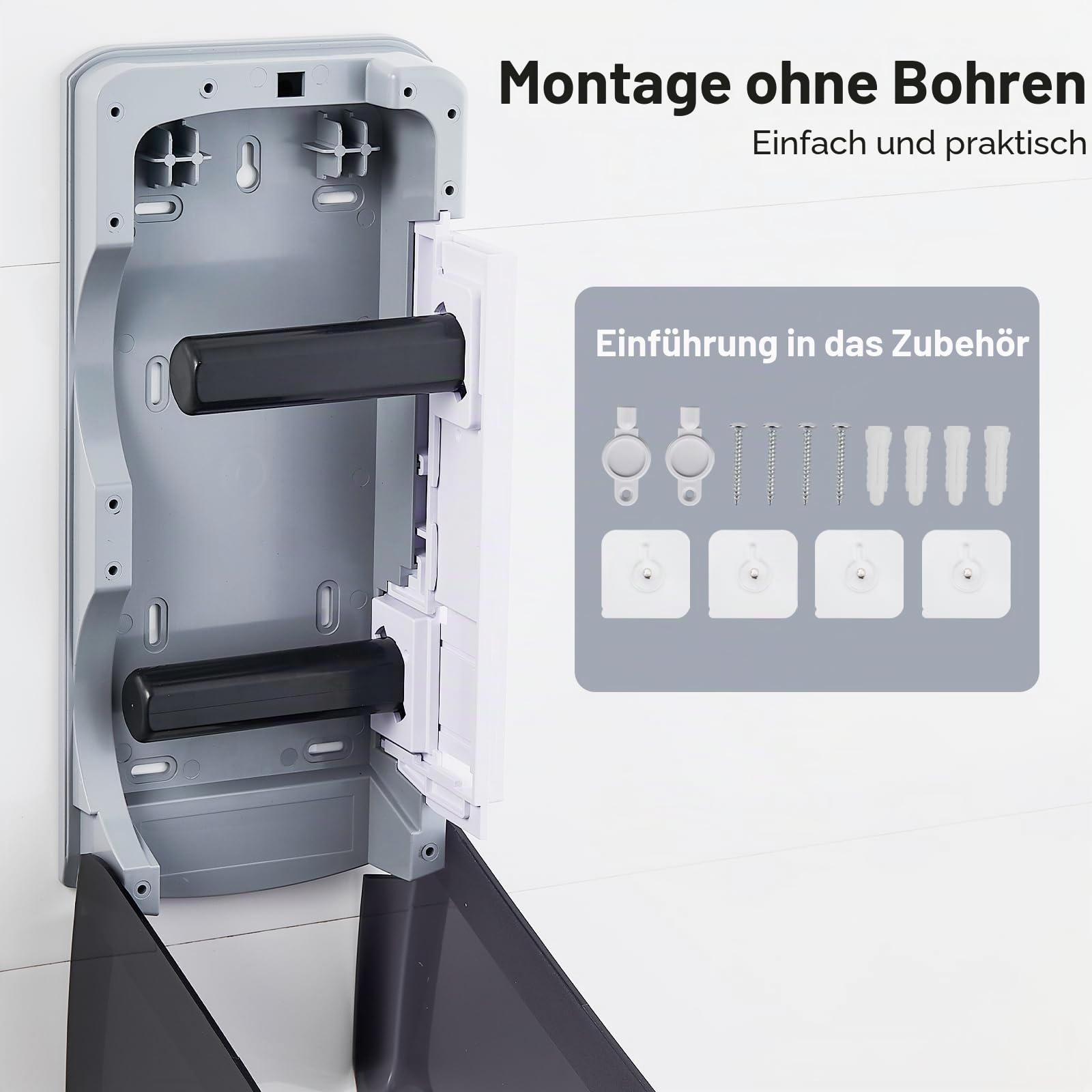 Pollock Toilettenpapierspender 2 Rollen – Ohne Bohren | Große Kapazität | Wandmontage | abschließbar | Doppelrollenspender | Handtuchspender | Wandhandtuchspender, Geeignet für Gewerbeflächen, Schwarz