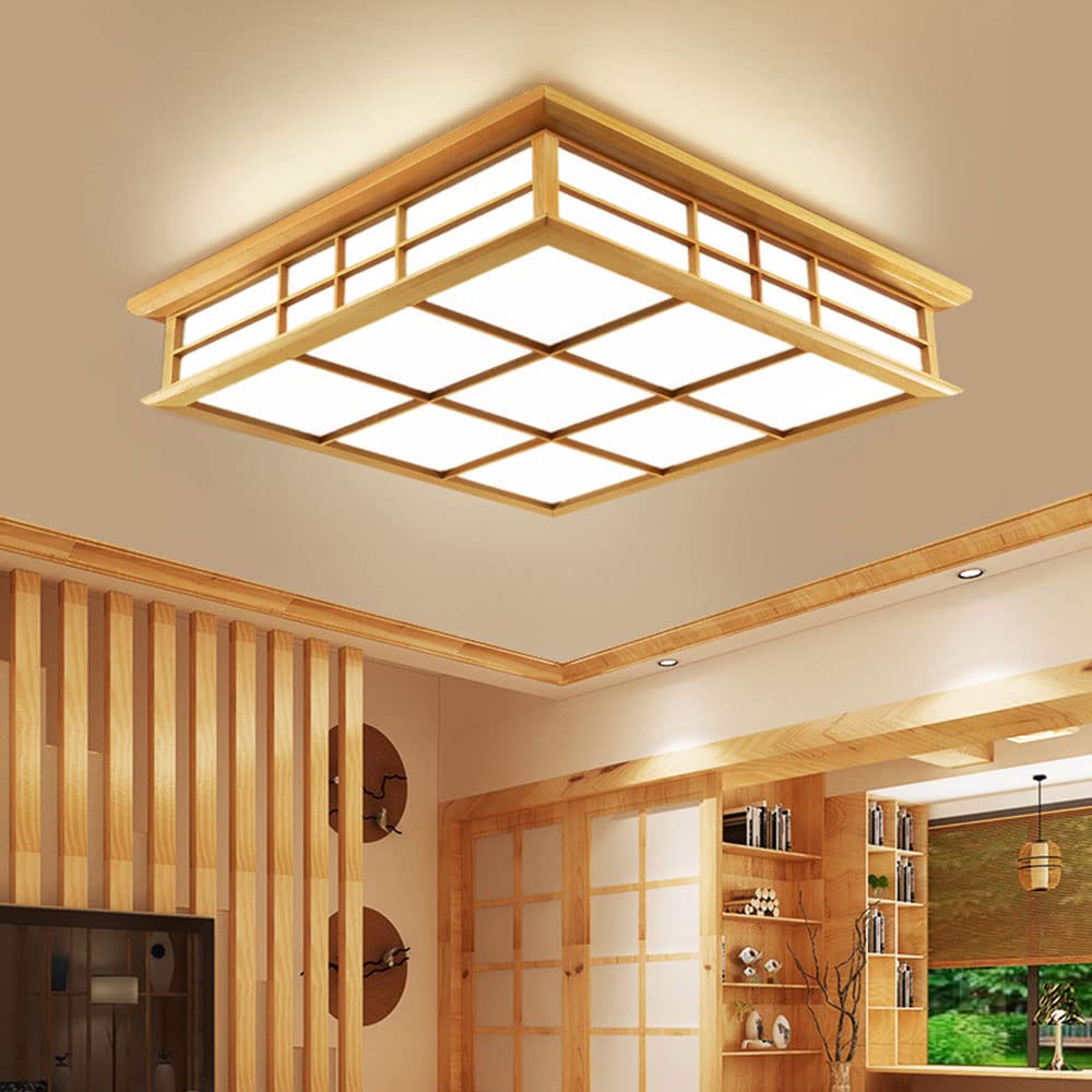 Lámpara de techo de madera de estilo japonés, montaje empotrado para sala de estar, lámpara rectangular con LED, perfecta para dormitorio, comedor, cocina