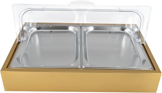 Countertop Ice Food Serving Display Tray with Clear Roll Top Cover Buffet Cold Serving Cooler Platter w/ 2 Ice Packs Cooling Food Dishes Display Plate Case for Party Buffet Tray Gold