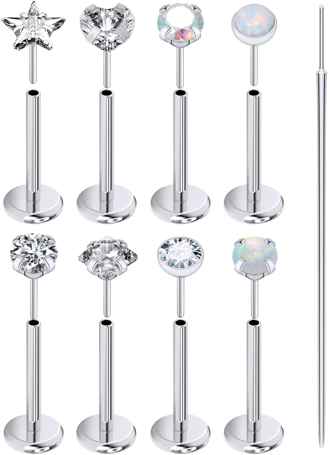 Threadless Nose Rings Stud 20G 18G 16G Flat Back Nose Stud Surgical Steel Push In Nose Rings Opal Heart CZ Hypoallergenic Nose Piercing Lip Medusa Tragus Studs Earrings Piercing Taper