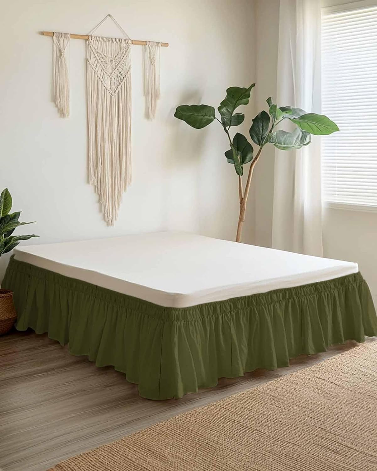 Bed Skirt King Size 16" Drop Solid Color Dark Olive Green Ruffled Wrap Around Bed Skirts Adjustable Elastic Bedskirt Dust Ruffle for Queen King California King Bed