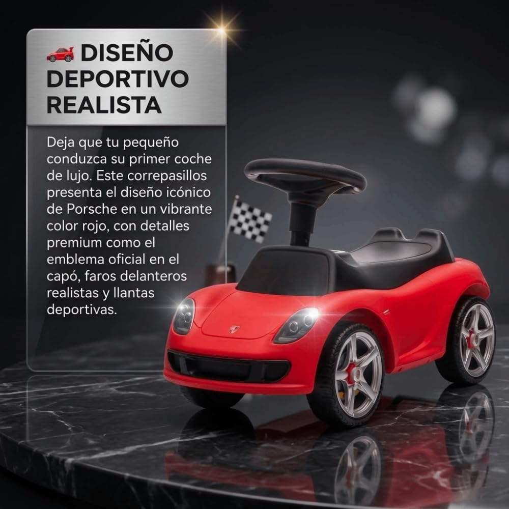 Correpasillos Porsche Infantil - Coche de Juguete Deportivo sin Pedales para Niños y Bebés, Asiento Ergonómico, Ruedas Silenciosas, Juguete para Desarrollo Motor (63,6x28x39 cm) (Rojo)