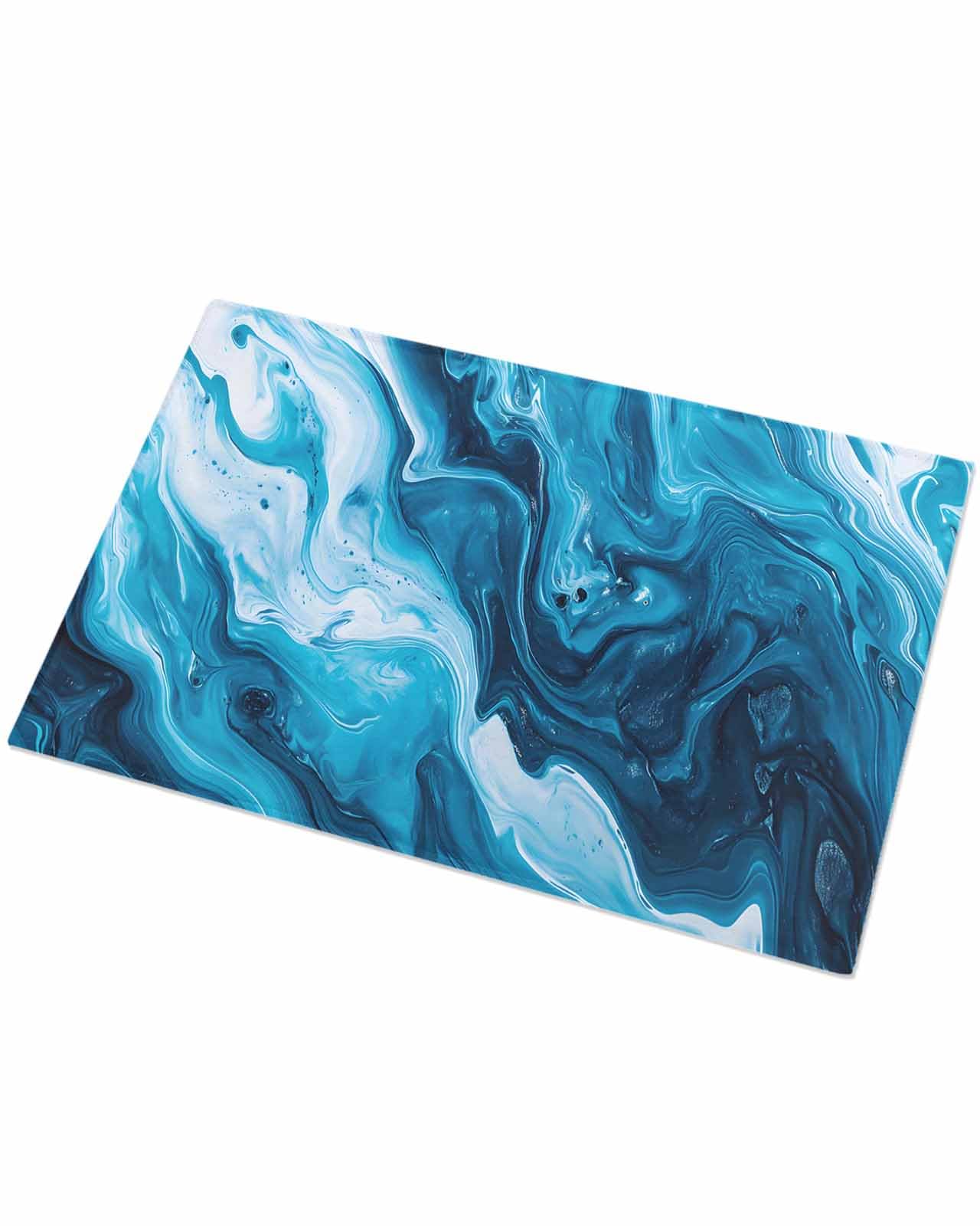 Indoor Doormat Oil Painting Blue and White Wave,Shaggy Floor Mat with Non-Skid Backing Abstract Ocean Fluid Art,Machine Washable Plush Area Rug Carpets for Kitchen Nursery Bedroom