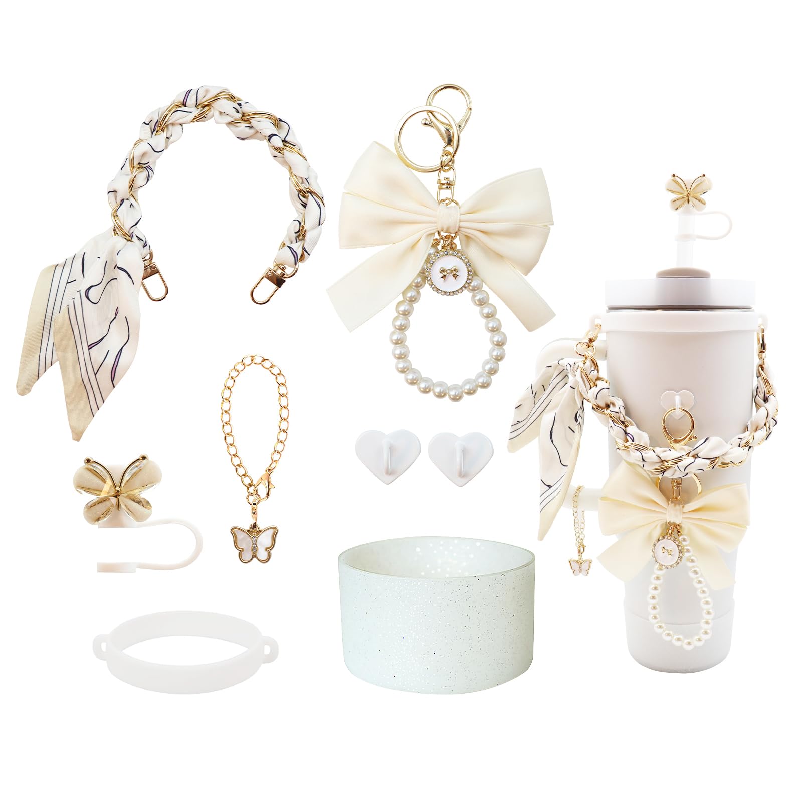 Stanley Cup Accessories set for 40oz & 30oz Tumbler including Water Bottle Handle StrapăBow KeychainăCup RingăBling Silicone Bootsăbutterfly Straw TopperăCharm Accessories for Stanley (White)