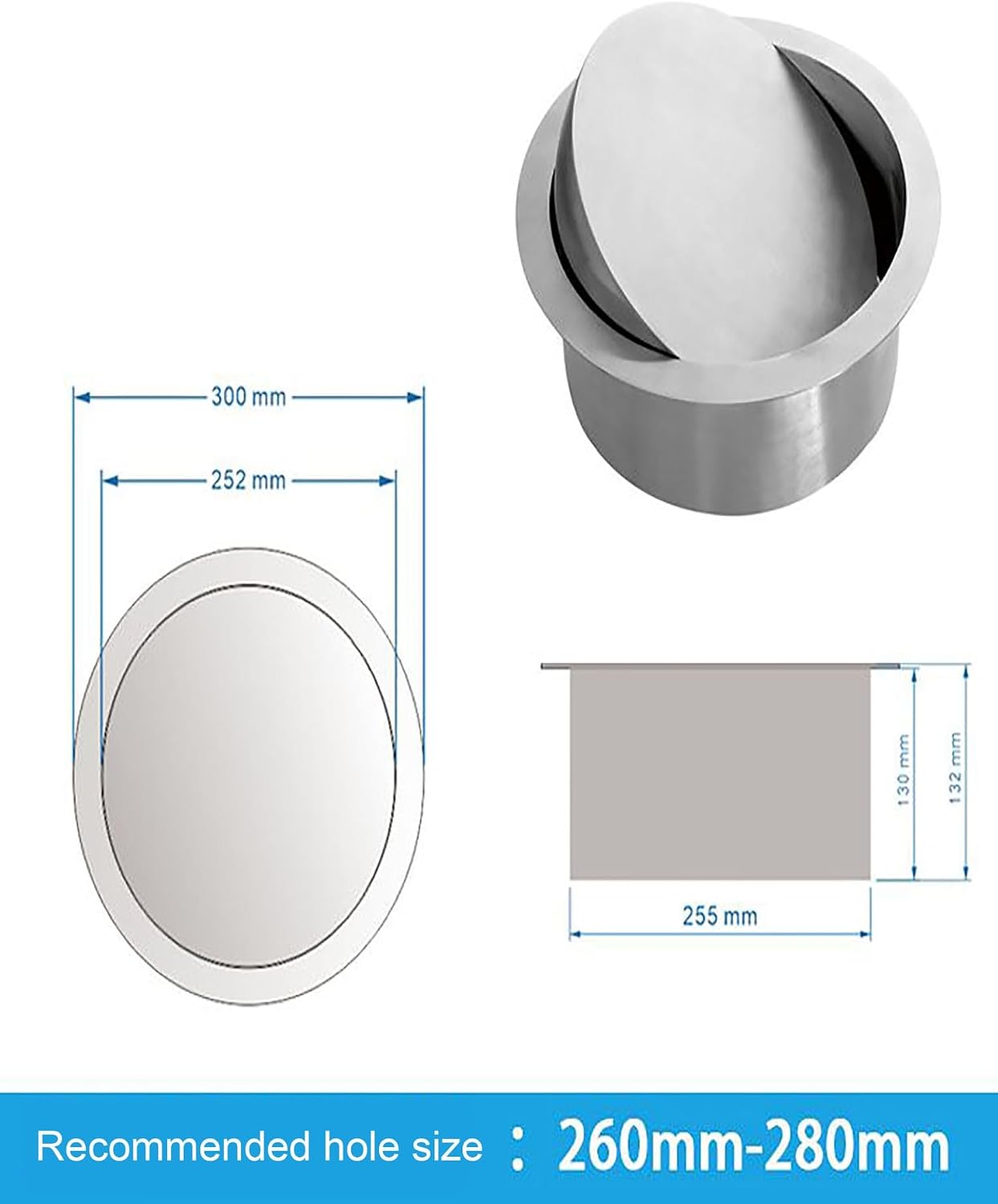 Round Trash Can Lid, 304 Stainless Steel Stainless Steel Balance Flap Cover, Countertop Drop-in Trash Bin With Waste Chute Lid(300mm/11.8in)