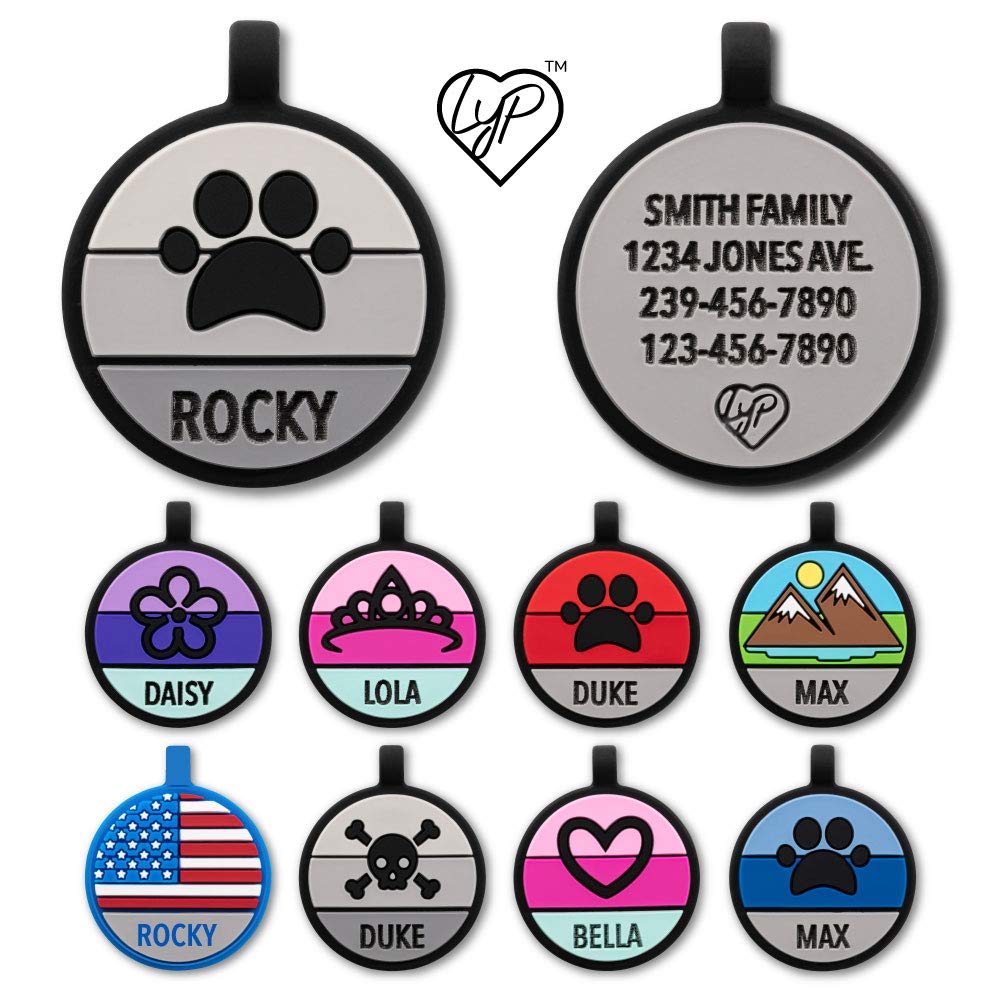 LYP Original Soundless Pet ID Tags | Custom Dog Tags Personalized for Pets | Durable Silicone Deep Engraved Dog Tag | No More Jingling | Gray Paw