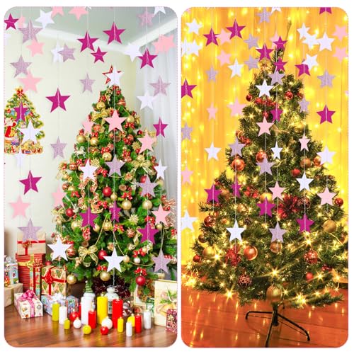 Image of Patelai Glitter Star Garland Banner 2026 Graduation Decor 130 Feet Star Hanging Banner Twinkle Backdrop for Party Birthday Classroom Wedding Supplies(Pink,Rose Red,White)