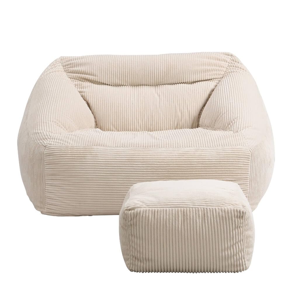 Home Deluxe - Sitzsack Cozy mit Hocker - Stoff: Samt Cord, Farbe: Beige - Maße: 100 x 88 x 80 cm, inkl. Füllung I Sitzmöbel Bean Bag Sitzsäcke