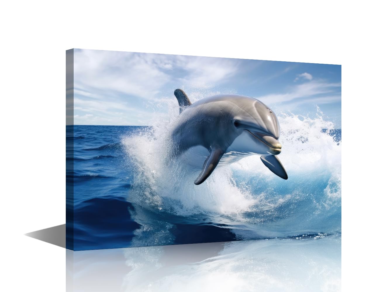 1 Piece Seascape Canvas Wall Art Animal Dolphins Jumping On The Water Surface Picture Graceful Bottlenose Dolphin in the Deep Blue Printing Artwork for Living Room Restaurant Wall Decor (16"Wx24"H)