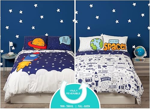 Miniatura 5 de Juego de ropa de cama de microfibra verdaderamente reversible y súper esponjosa de 5 piezas para niños pequeños y niños, diseño de cohete espacial