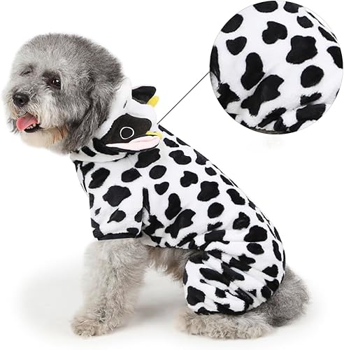 Dog Cow Costume – Funny Halloween Dog Farm Animal Costume Cow Cosplay Outfits, Winter Warm Milk Pajamas for Small Medium Dogs, Adorable 4 Legs Velvet Farm Costumes Hoodie Coat Pajama, Medium(XS: Chest 12"- Length 8"- Weight 2-3 lbs)