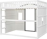 Vista 43 de Cama tipo loft de techo de casa de tamaño matrimonial con escalera, marco de cama de madera que ahorra espacio con barandilla y ventana