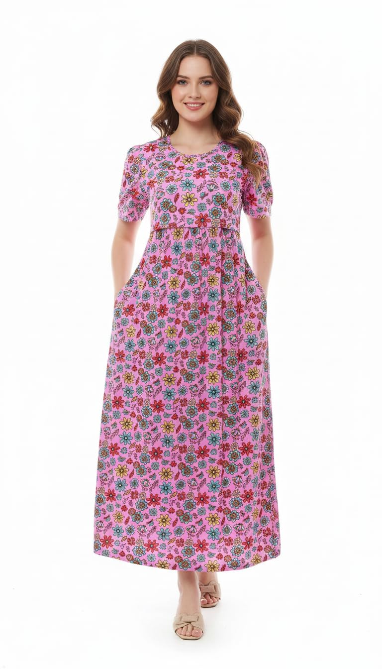 Feeding Dress for New Moms|Cotton Maternity|Zipless Nursing Gown with Tie-Knot & Pocket|maxi Pregnancy Wear|Pre & Post Maternity Gown 160-170 GSM-picture-31